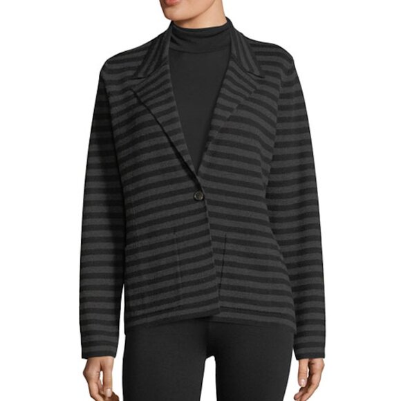 New w/Tags - Eileen Fisher Notch Collar Striped Blazer -100% Merino Interlock, M - Picture 1 of 11